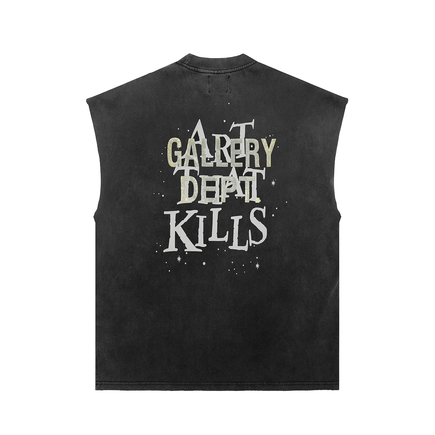 pt model number #G1005 P116 GALLERY DEPT. Distressed and frayed sleeveless waistcoat short-sleeved space portrait. Made of 280G double yarn pure cotton. The fabric is comfortable and stylish. After washing and distressing, the upper body becomes more fashionable and cool. The collar and hem are frayed. The US version is too large. Color: washed black. Size S/M/L/XL